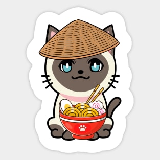 Funny siamese cat is eating noodles Sticker